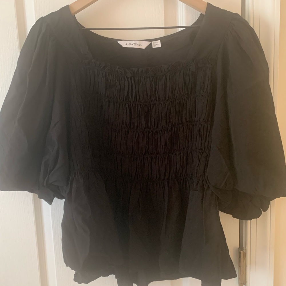 & Other Stories Black Smocked Square-Neck Puff Sleeve Blouse